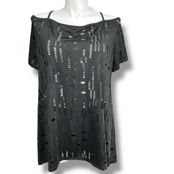 Womens Tunic Top Shirt Distressed Shredded Design Off Shoulder Chain Straps 2X - Picture 1 of 7